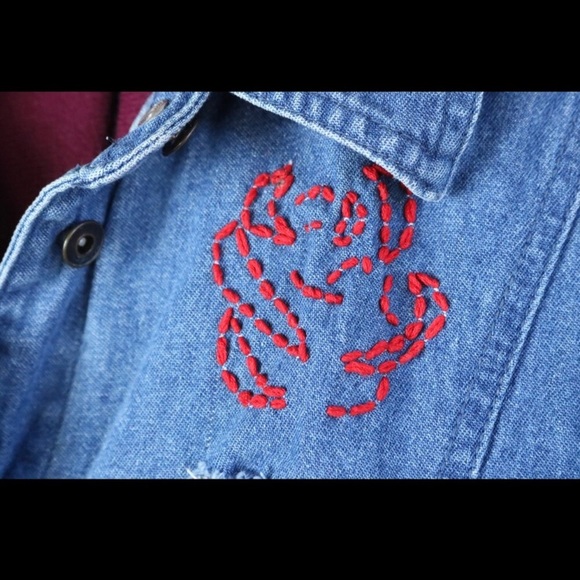 VINTAGE Long Maxi Denim Embroidery Rose Jacket - Picture 6 of 8